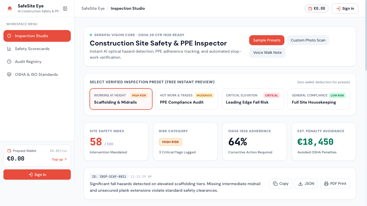 SafeSite Eye Live Workspace Interface